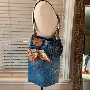 One of a kind Denim Bag made with Repurposed jeans and ties.